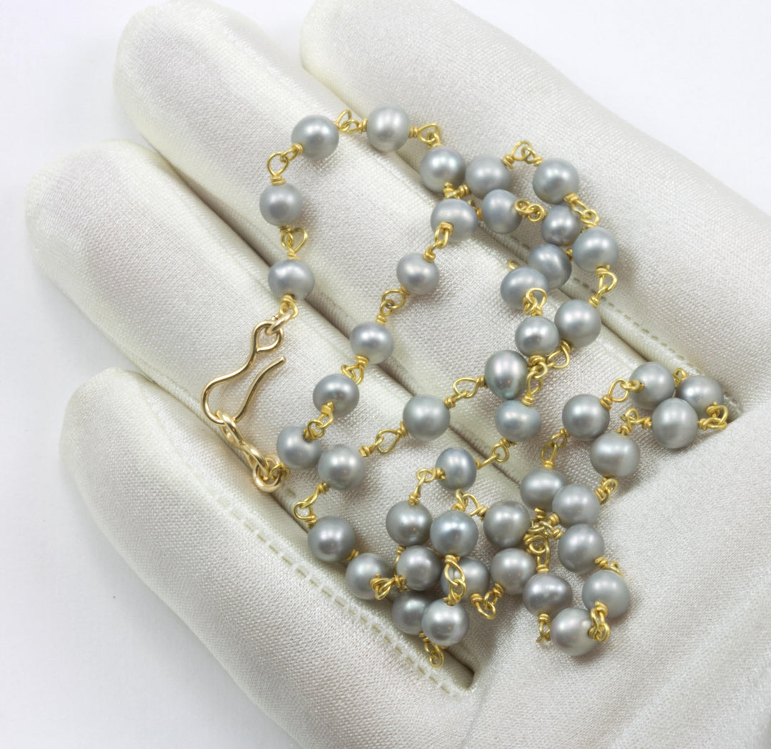 Grey Pearl Necklace Light Gray Freshwater Cultured Pearls Spaced Link Beaded 18 19 Inches 14k Gold Filled and Plate Simple Chain Link