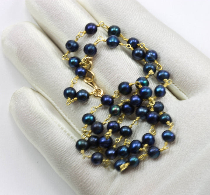 Black Peacock Pearl Necklace Light Gray Freshwater Cultured Pearls  Beaded 18 19 Inches 14k Gold Filled and Plate Simple Chain Link