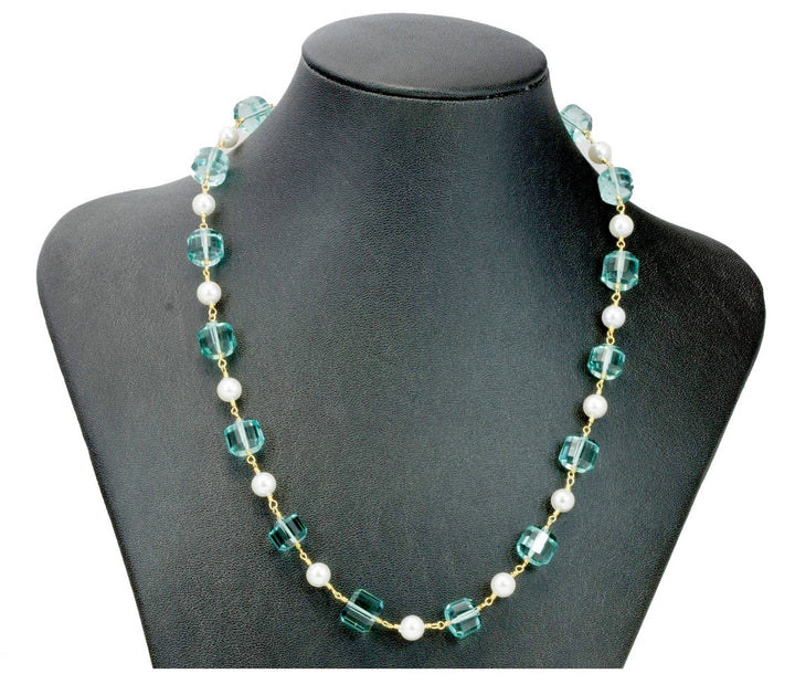 Aquamarine and Pearl Necklace Simulated Stones Faceted Barrel Fancy Cut Beaded 14k Gold Fill and Plate 36 Inches Sparkly and Unique
