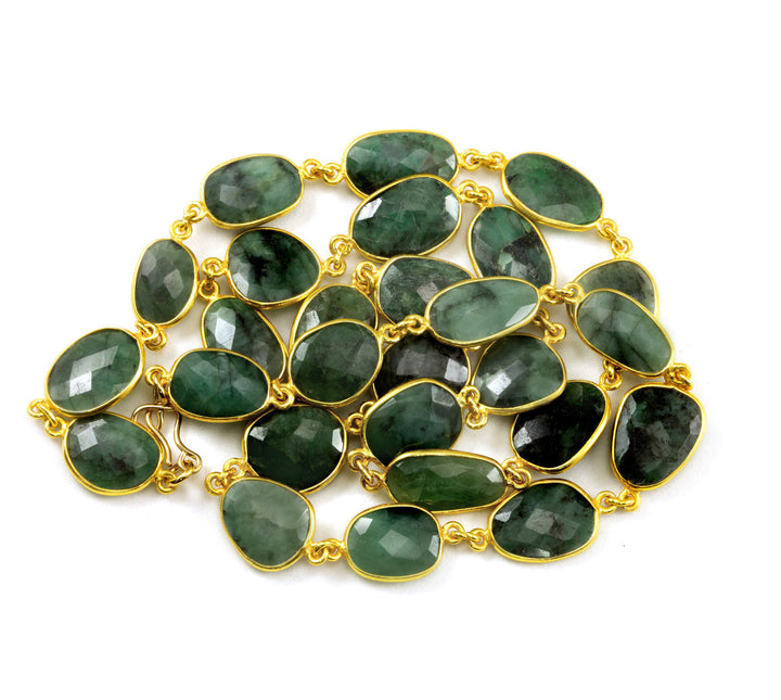 Green Emerald Necklace Bezel Set Stones Off Round Off Oval 24 Inch 14k Gold Filled and Plate Large Faceted Natural African Opaque Stones