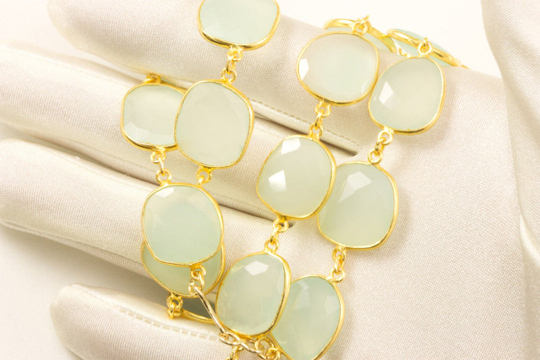 Green Chalcedony Necklace Bezel Set Stones Off Round Off Oval 24 Inch 14k Gold Filled and Plate Large Faceted Natural Stone Soft Chalcedony