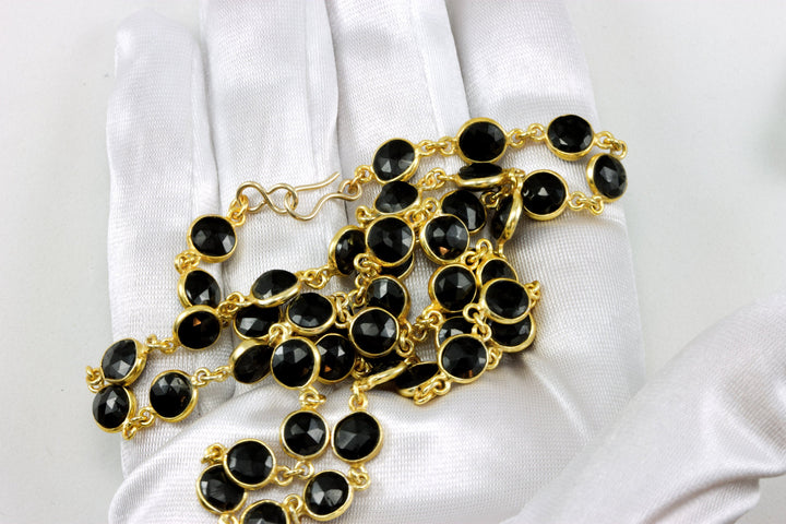 Black Spinel Necklace Bezel Chain Link  24 Inches Faceted Round Cut 14k Gold Fill and Plate Bezeled