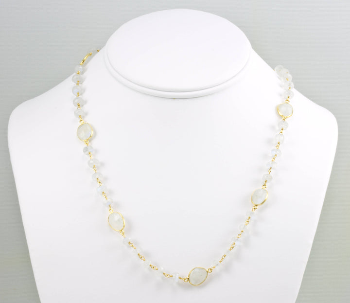 Moonstone Necklace Faceted Rainbow Blue Bezel and rondelles Set 14k Yellow Gold Fill and Plate 24 Inch Chain Linked  Large Classic Natural