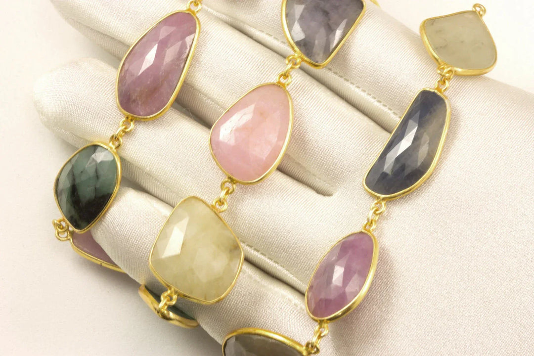 Sapphire Emerald Necklace Chain Link Faceted Raw Stones Multiple Colors 14k Gold Filled Necklace 24 Inches Pink Blue Yellow Green - Spyglass Designs