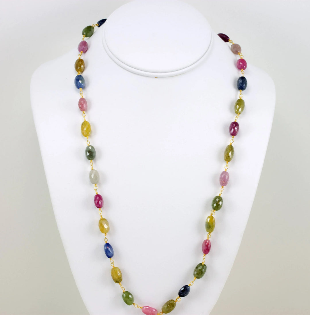 Raw Sapphire Necklace Chain Link Faceted Raw Stones Multiple Colors 14k Gold Filled Necklace 24 Inches Pink Blue Yellow Green - Spyglass Designs