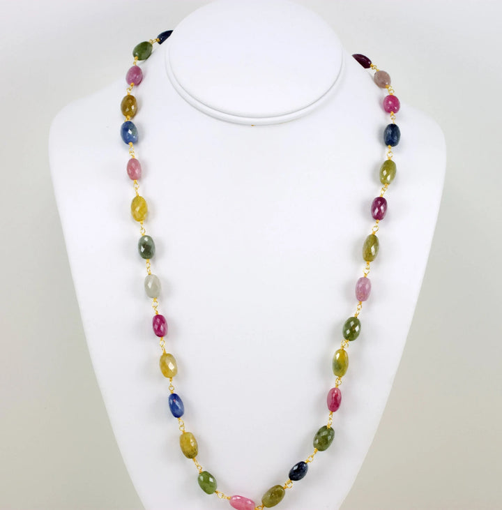 Raw Sapphire Necklace Chain Link Faceted Raw Stones Multiple Colors 14k Gold Filled Necklace 24 Inches Pink Blue Yellow Green - Spyglass Designs