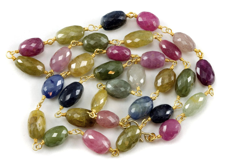 Raw Sapphire Necklace Chain Link Faceted Raw Stones Multiple Colors 14k Gold Filled Necklace 24 Inches Pink Blue Yellow Green - Spyglass Designs