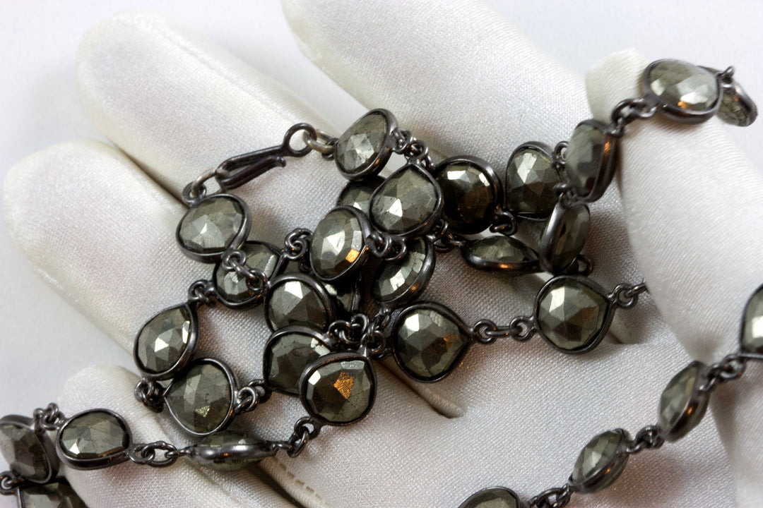 Iron Pyrite Necklace Chain Link Beaded Rhodium plate Oxidized Black Silver Faceted  24 Inch Natural Golden Bronze Color Bezel Setting