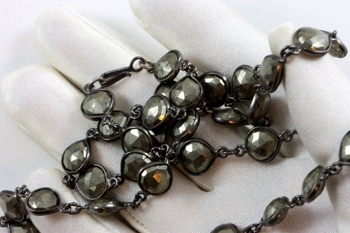 Iron Pyrite Necklace Chain Link Beaded Rhodium plate Oxidized Black Silver Faceted  24 Inch Natural Golden Bronze Color Bezel Setting