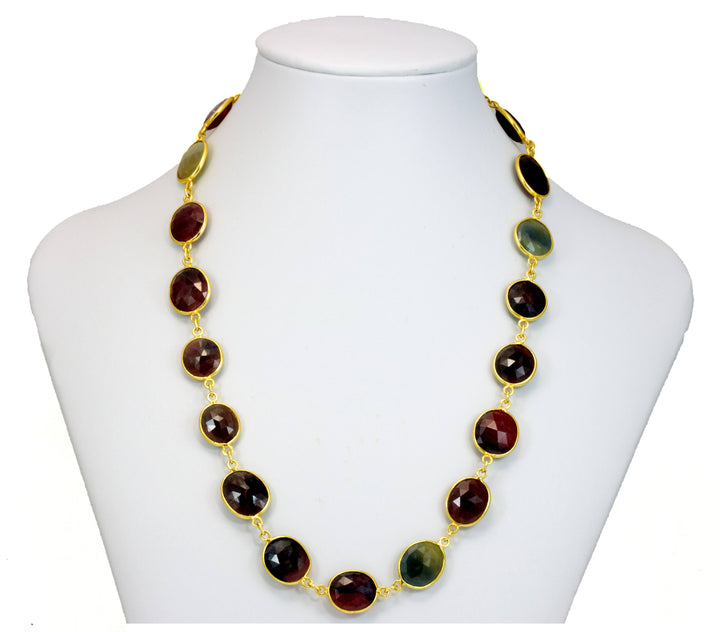 Blue Sapphire Red Ruby Necklace Chain Link Faceted Raw Stones Multiple Colors 14k Gold Filled  Necklace 36 Inches Round Bezel