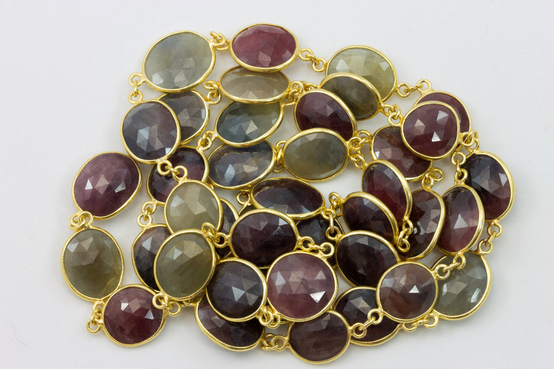 Blue Sapphire Red Ruby Necklace Chain Link Faceted Raw Stones Multiple Colors 14k Gold Filled  Necklace 36 Inches Round Bezel