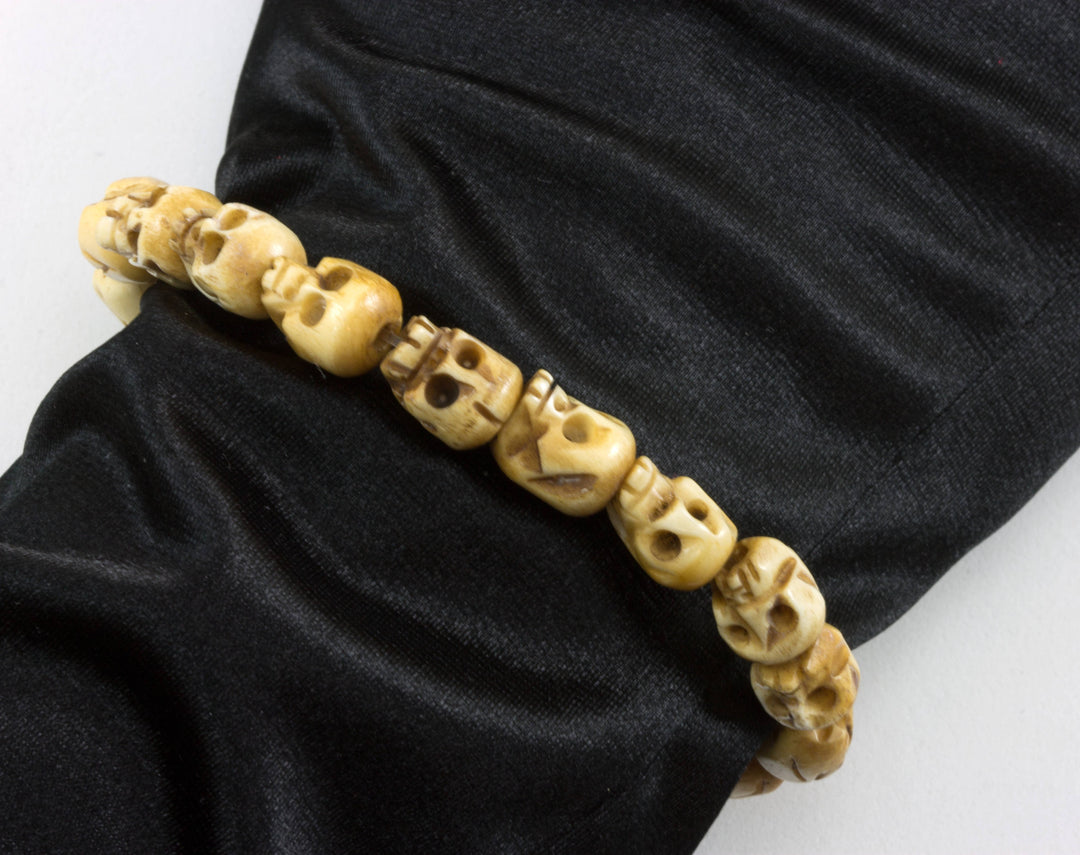 Skull Bracelet Carved Bone White Cream Or Brown  Bone Skulls 8 Inch Women Man Men's Bracelet Stretchy Tibetan Prayer Beads