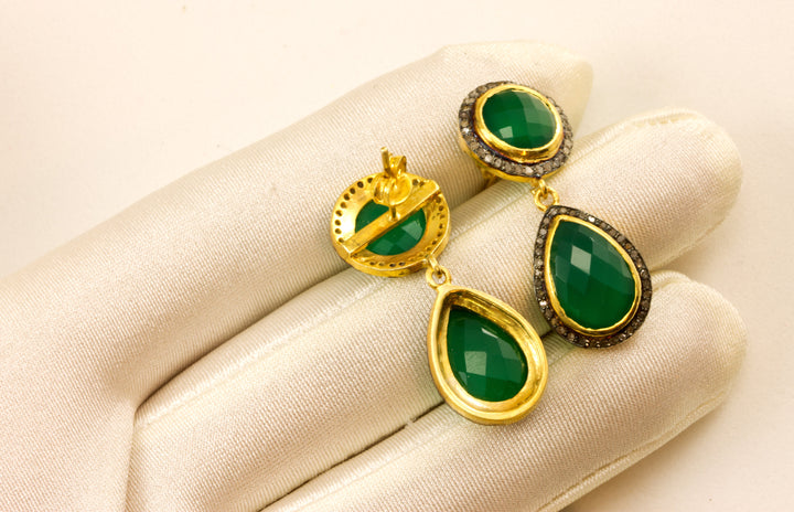 Green Onyx Earrings Double Hung Natural Pave Champagne Diamonds 14k Yellow Gold black Rhodium Plate 2 Inch Drops Round or Square Top Post