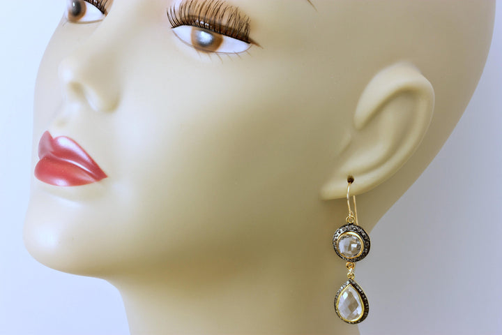 Clear Quartz Earrings Double Hung Natural Pave Champagne Diamonds 14k Solid Yellow Gold black Rhodium Plate 2 Inch Drops Round or Square Top