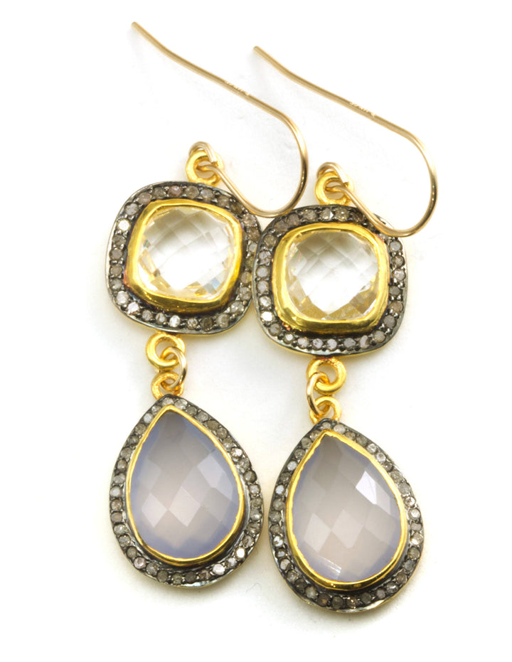 Pink Chalcedony Earrings Double Hung Natural Pave Champagne Diamonds 14k Solid Yellow Gold and black Rhodium Plate Clear Quartz  2 Inch Drop