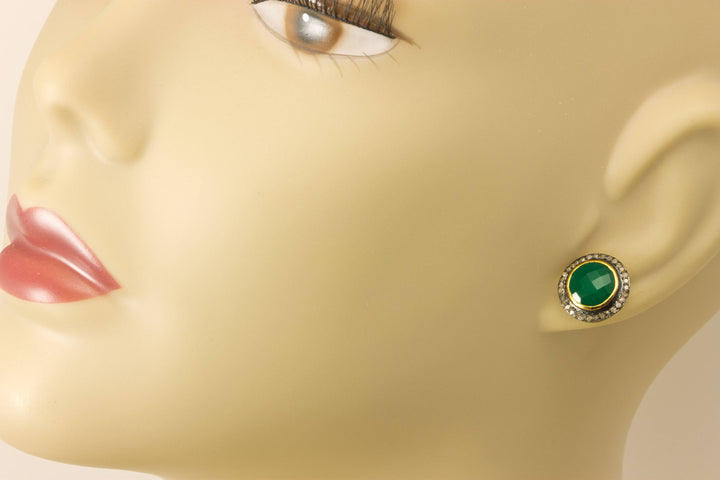 Green Onyx Earrings  Natural Pave Champagne Diamonds 14k Yellow Gold over Sterling Silver black Rhodium Plate Round Post Stud Style