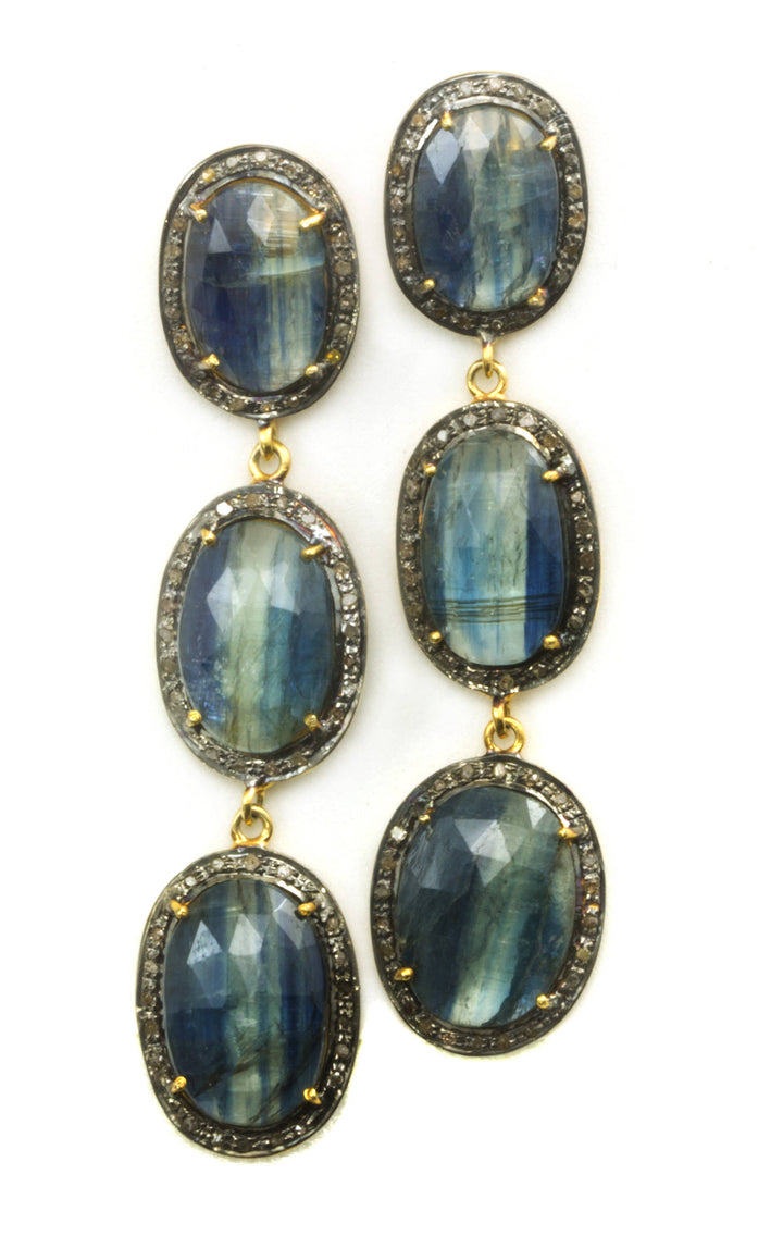Blue Kyanite and Champagne Pave Diamond Earrings Triple Hung Long 3 Inch 14k Yellow Gold and Sterling Large Drops Post Stud Butterfly Style