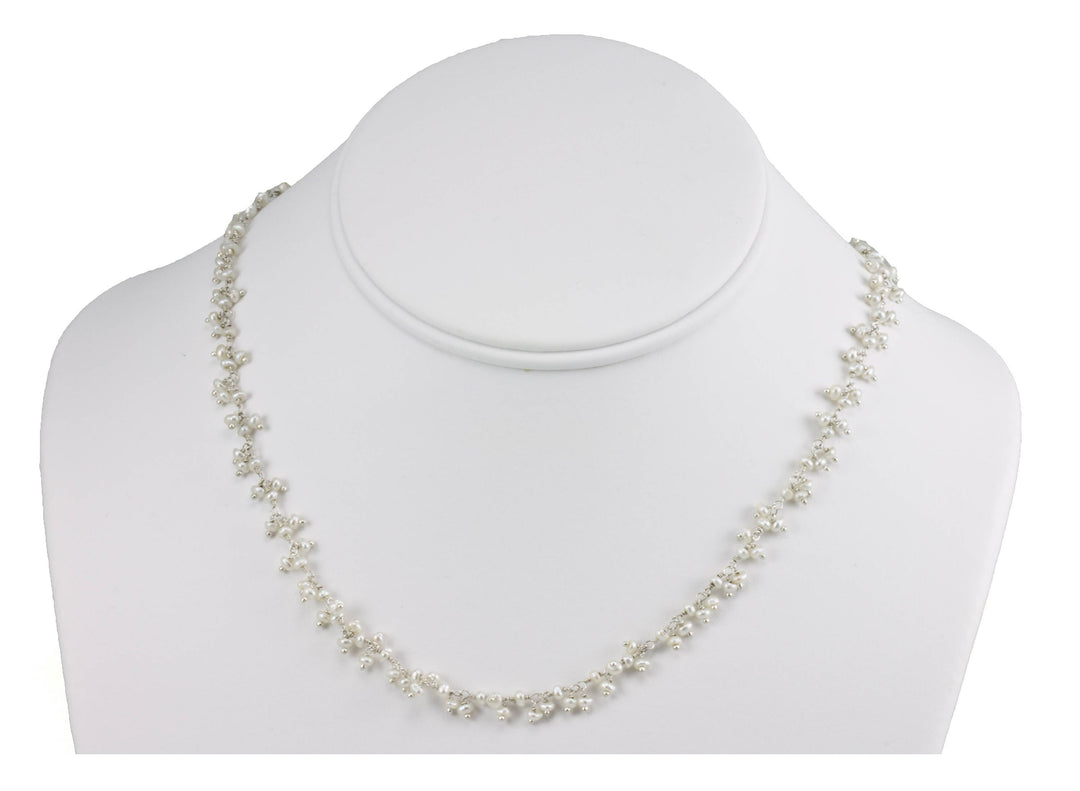 Pearl Cluster Necklace Sterling Silver or 14k Gold Filled Freshwater Cultured White Pearls Dangley Small Beaded 18 19 Inch Length
