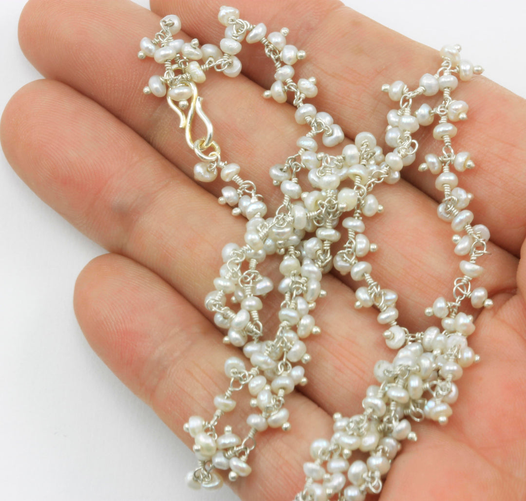Pearl Cluster Necklace Sterling Silver or 14k Gold Filled Freshwater Cultured White Pearls Dangley Small Beaded 18 19 Inch Length