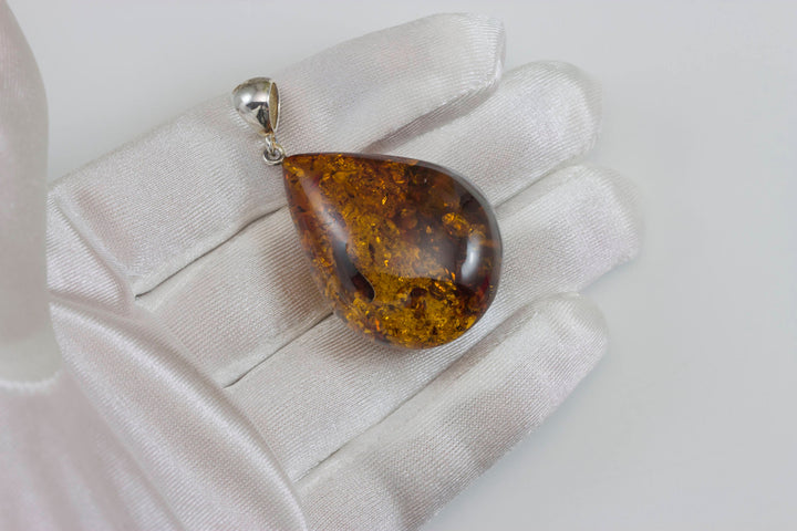 Honey Amber Pendant Baltic Natural Large  Puffed Teardrop Shape Sterling Silver Bail Spyglass Designs Unique Cut Long  Classic Simple