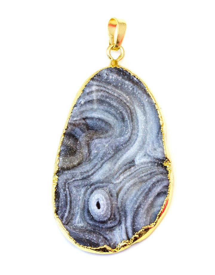 Drusy Necklace Pendant Golden plate  Large Gray mushroom Druzy Large Grey Natural  Stone Swirls Spyglass Designs 2.4 Inches Earthy Simple