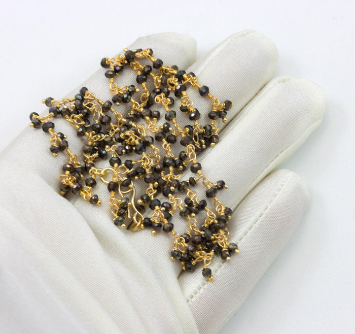 Natural Pyrite Necklace Cluster 14k Gold Fill Beaded Chain Link 18 19 Inches Earthy Golden Color Faceted Iron Pyrite Stones