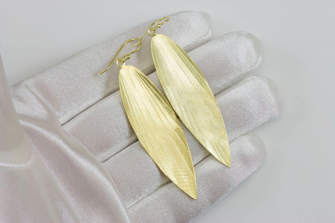 14k Gold and Sterling Silver Vermeil Long Leaf Shape Drop Earrings Brushed Gold 2.6 Inches Long Bright Yellow gold contemporary design
