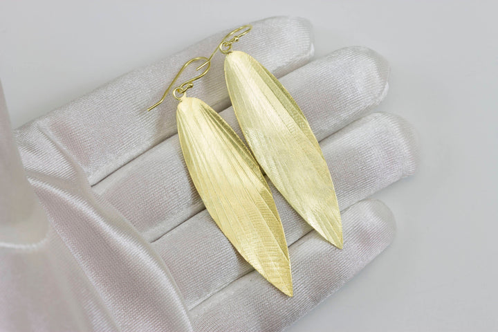 14k Gold and Sterling Silver Vermeil Long Leaf Shape Drop Earrings Brushed Gold 2.6 Inches Long Bright Yellow gold contemporary design