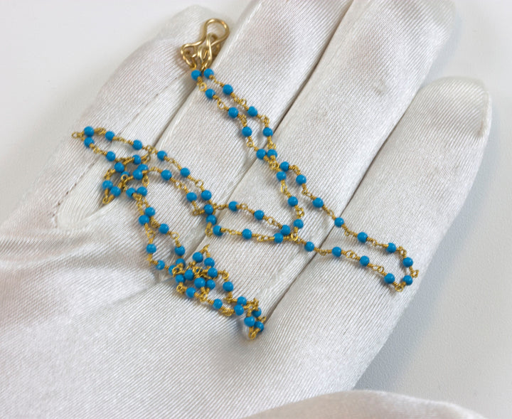 Turquoise Necklace Dark Blue Tiny Beaded Chain Link Smooth 14k Gold Fill  18 19 Inch Round Stones Dainty Delicate Small Design