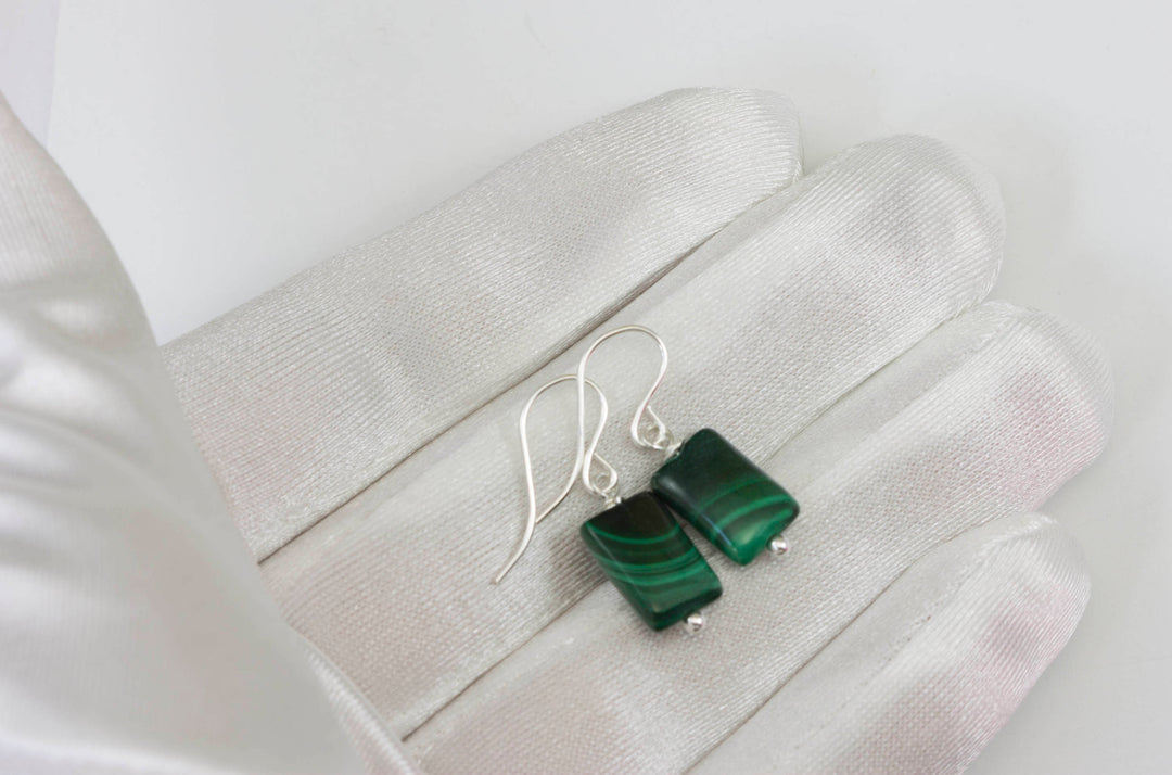 Malachite Earrings Green rectangle shaped smooth Natural Dangle Drops Sterling Silver or 14k Solid Gold or Filled small dainty simple design