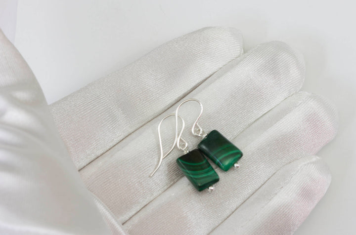 Malachite Earrings Green rectangle shaped smooth Natural Dangle Drops Sterling Silver or 14k Solid Gold or Filled small dainty simple design