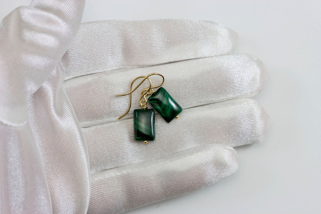 Malachite Earrings Green rectangle shaped smooth Natural Dangle Drops Sterling Silver or 14k Solid Gold or Filled small dainty simple design