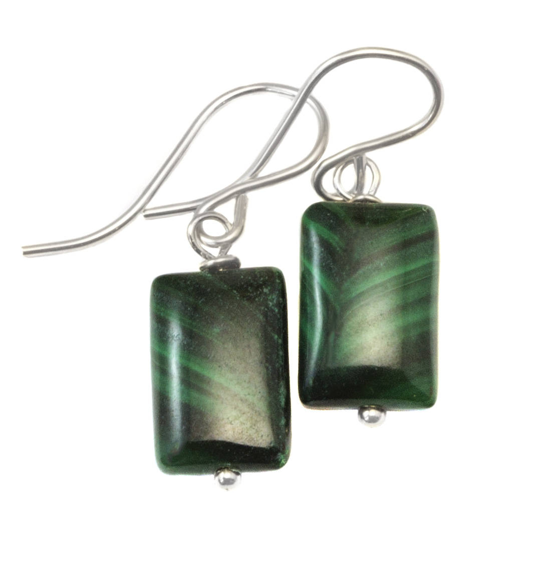 Malachite Earrings Green rectangle shaped smooth Natural Dangle Drops Sterling Silver or 14k Solid Gold or Filled small dainty simple design