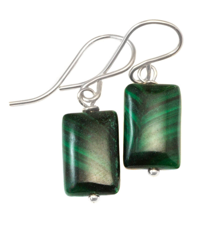 Malachite Earrings Green rectangle shaped smooth Natural Dangle Drops Sterling Silver or 14k Solid Gold or Filled small dainty simple design