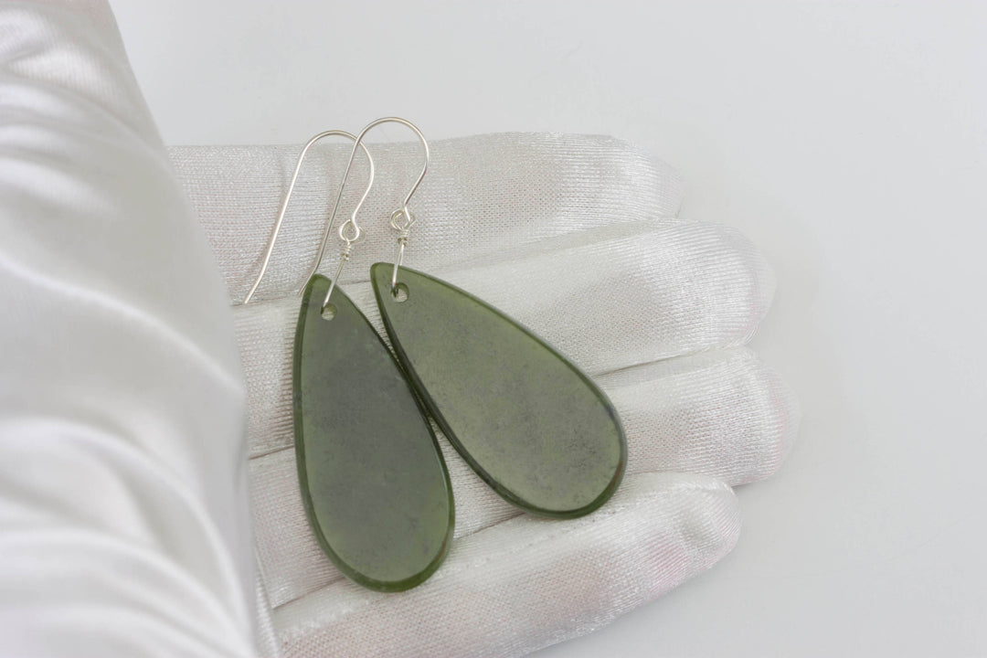 Green Jade Earrings Natural Nephrite Smooth Large Teardrop 14k gold  or filled or Sterling Silver Simple Classic Cut thin Drops Long Real