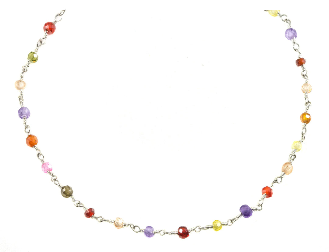 CZ Necklace Sterling Silver or Black Oxidized Chain Link Faceted 18 19 Inches Multicolors Multi Colors Cubic Zirconia - Spyglass Designs