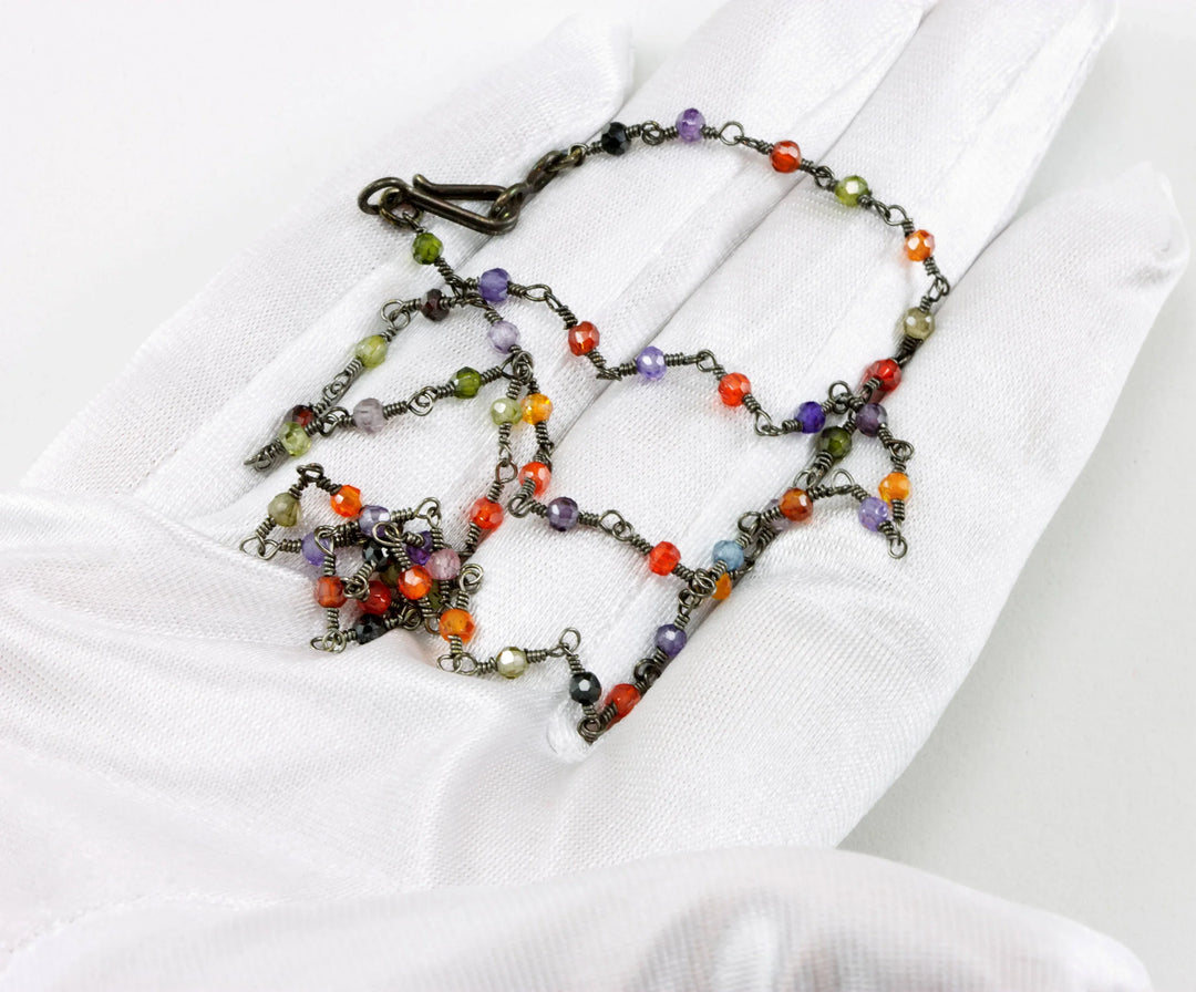 CZ Necklace Sterling Silver or Black Oxidized Chain Link Faceted 18 19 Inches Multicolors Multi Colors Cubic Zirconia - Spyglass Designs