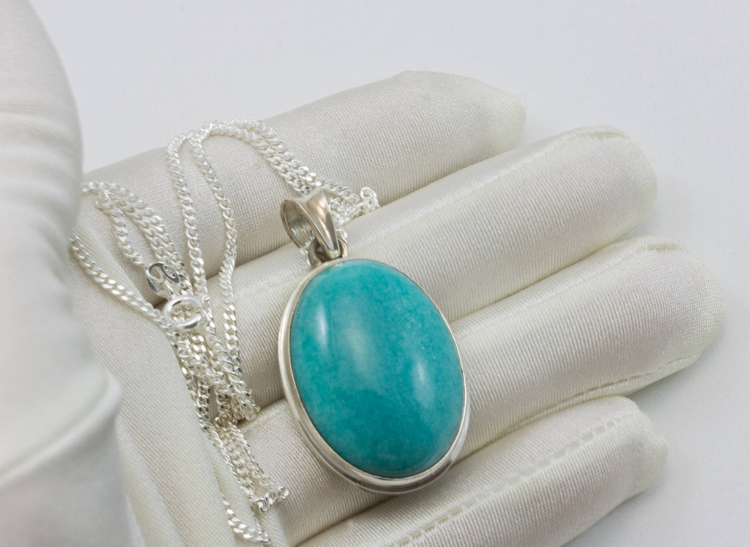 Amazonite Pendant Necklace Sterling Silver Chain Link Faceted  18 Inches Natural Earthy Blue Green Large Cabachon Oval Bezel Setting