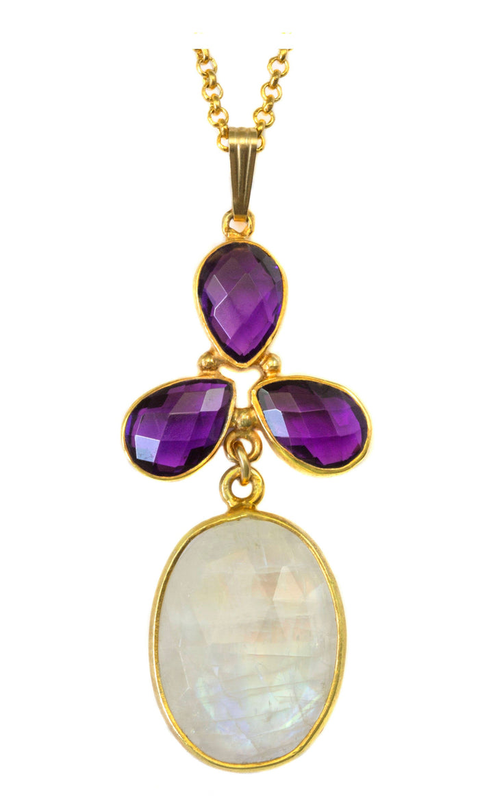 Moonstone Pendant Necklace Purple Amethyst 14k yellow gold fill Sterling Silver 18 Inch Chain 2 Inch Large Teardrop 3 accent stones faceted