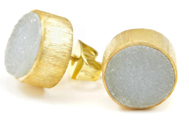 White Drusy Earrings Gold Post Studs Earrings Bezel Set Teardrop Shape Brushed Gold Finish Classic Simple Daily Wear Round Stones