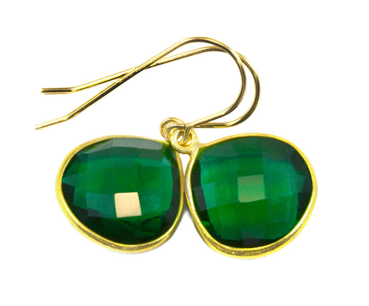 Emerald Green Earrings Faceted Simulated Emerald Heart Teardrop Drop 14k Solid Gold or Filled Bezel Setting  Classic Simple Spyglass Designs