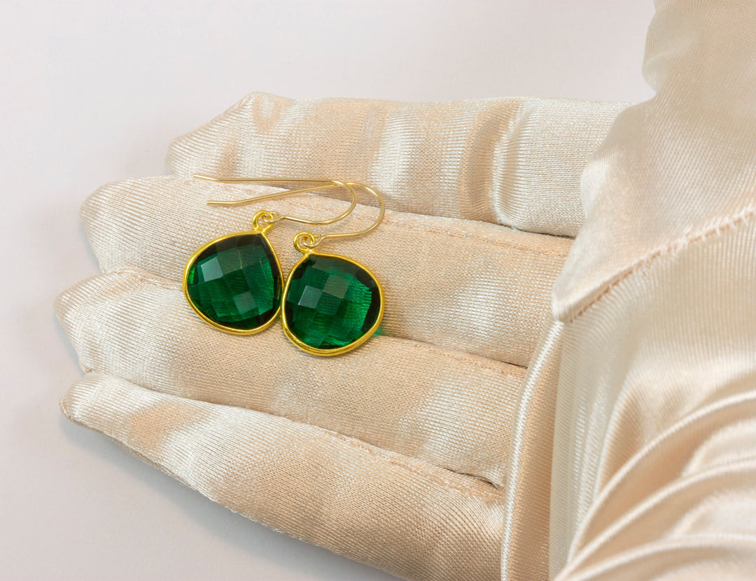 Emerald Green Earrings Faceted Simulated Emerald Heart Teardrop Drop 14k Solid Gold or Filled Bezel Setting  Classic Simple Spyglass Designs