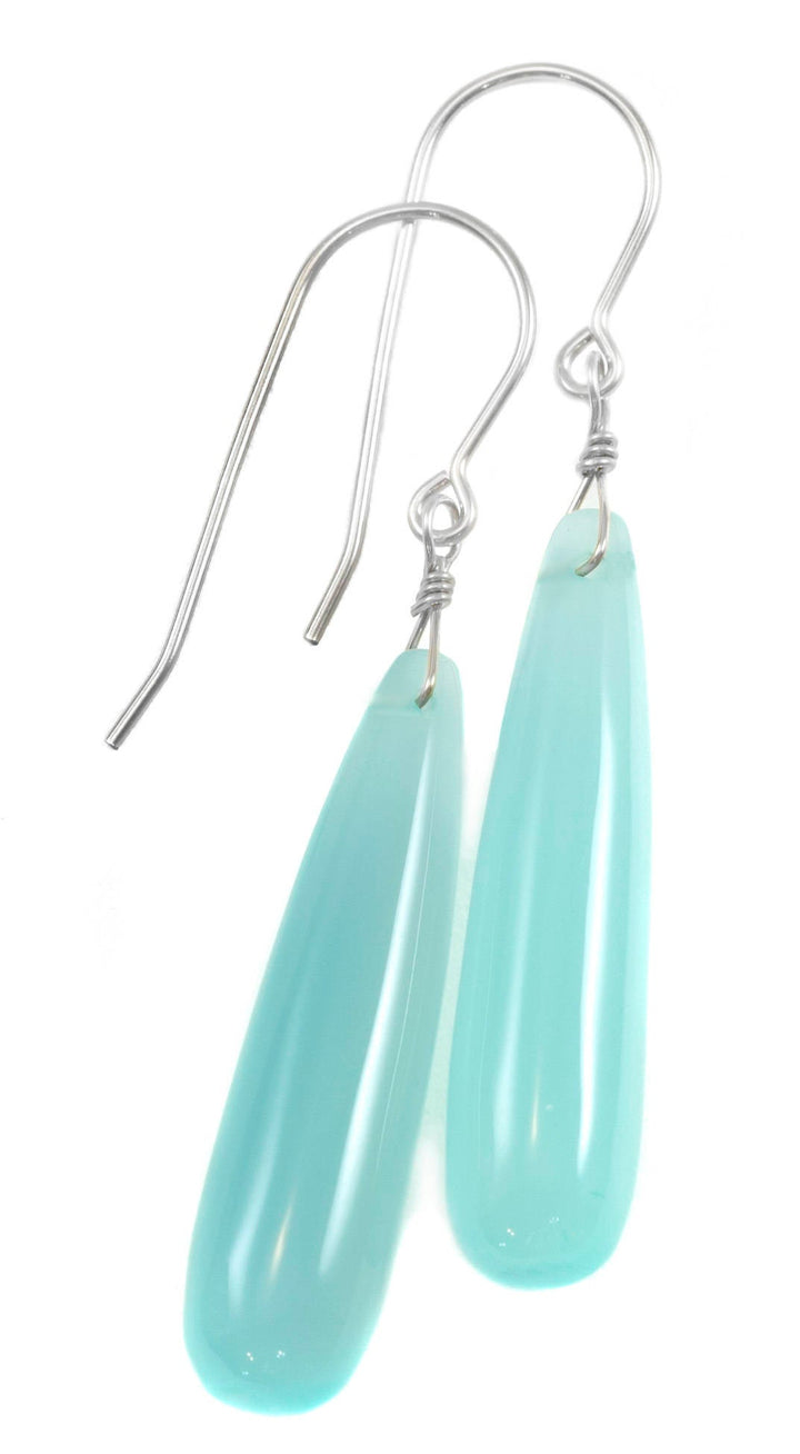Aqua Blue Chalcedony Earrings Long Teardrop Shaped Smooth 14k Solid Gold or Filled or Sterling Silver Skinny Pale Soft Blue Natural Narrow 2