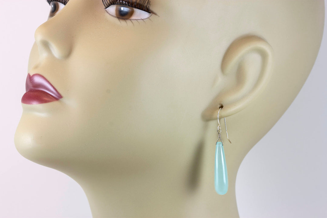Aqua Blue Chalcedony Earrings Long Teardrop Shaped Smooth 14k Solid Gold or Filled or Sterling Silver Skinny Pale Soft Blue Natural Narrow 2
