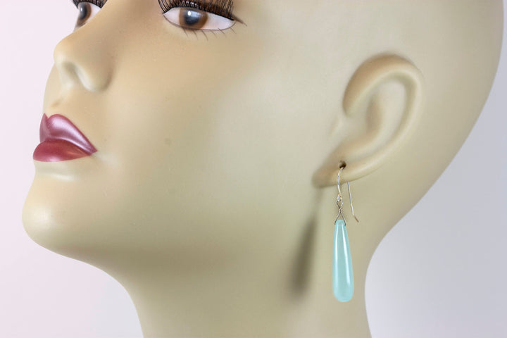 Aqua Blue Chalcedony Earrings Long Teardrop Shaped Smooth 14k Solid Gold or Filled or Sterling Silver Skinny Pale Soft Blue Natural Narrow 2