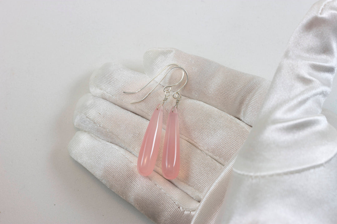 Pink Chalcedony Earrings Long Teardrop Smooth 14k Solid Gold or Filled orSterling Silver Skinny Pale Soft Pink Natural Drops Narrow 2 Inch