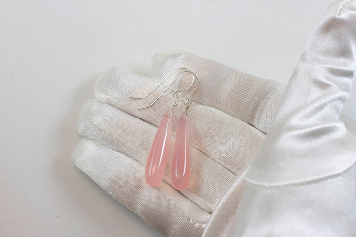 Pink Chalcedony Earrings Long Teardrop Smooth 14k Solid Gold or Filled orSterling Silver Skinny Pale Soft Pink Natural Drops Narrow 2 Inch