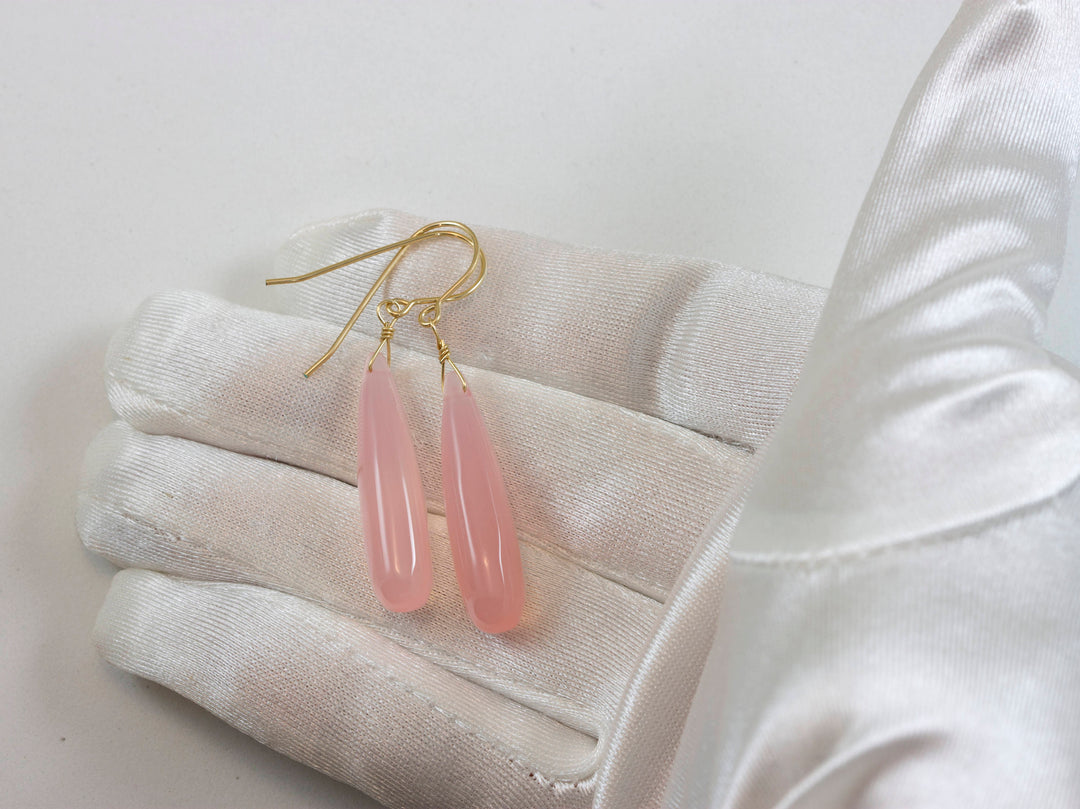Pink Chalcedony Earrings Long Teardrop Smooth 14k Solid Gold or Filled orSterling Silver Skinny Pale Soft Pink Natural Drops Narrow 2 Inch