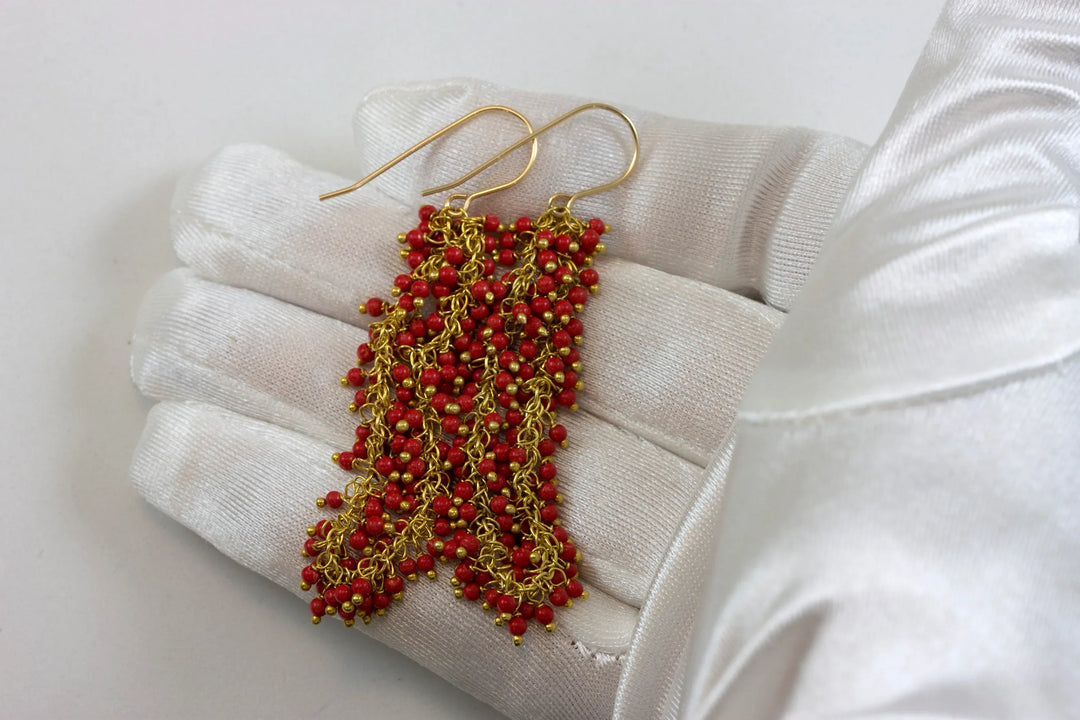 Red Coral Earrings Round Smooth Simulated Drops 14k Gold Filled Cluster Style Long round drop beaded accents simple 2.4 Inches - Spyglass Designs