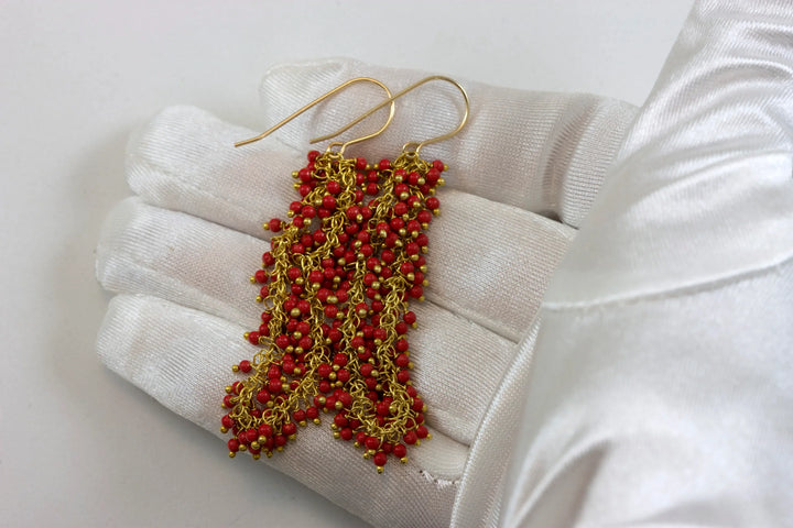 Red Coral Earrings Round Smooth Simulated Drops 14k Gold Filled Cluster Style Long round drop beaded accents simple 2.4 Inches - Spyglass Designs